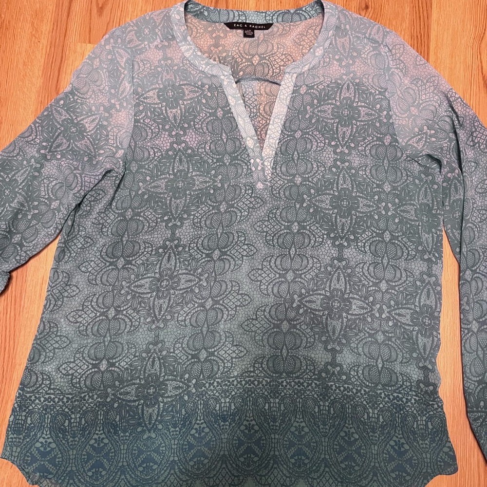 Zac & Rachel Sheer Blue Green Relaxed button up Sleeve Blouse
